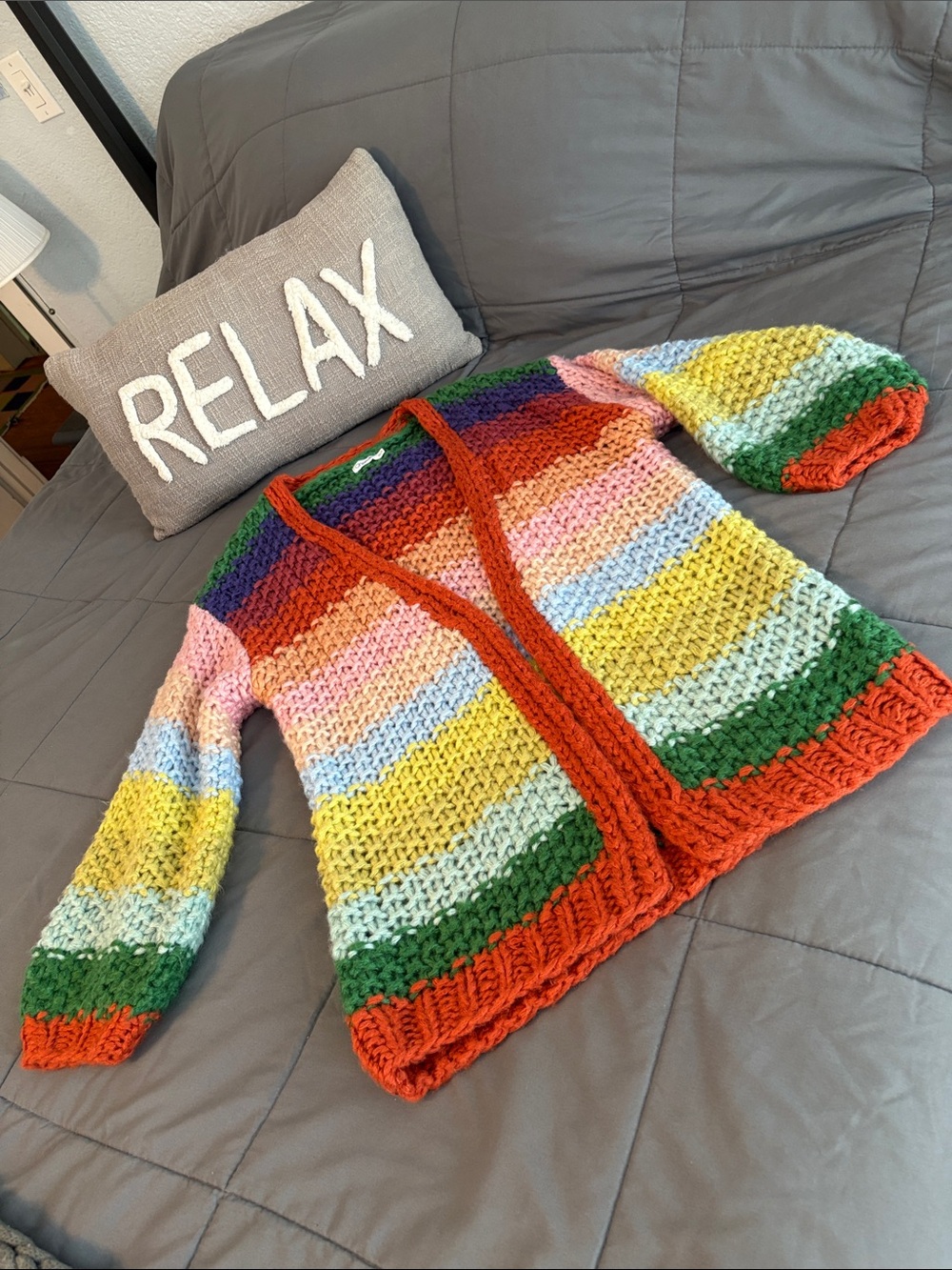 Multicolor Chunky Knit Women's Cardigan Sweater Rainbow Burnt Orange XS S Retro - Picture 7 of 11